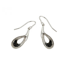 Load image into Gallery viewer, Sterling Silver Trendy Open Teardrop Design Hook Earrings Set in Fine Clear and black Cz Stones with Earring Dimension of 33.7MM x 8.8MM