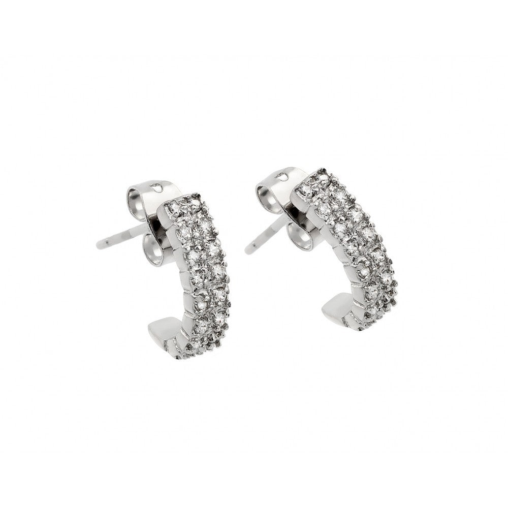 Sterling Silver Rhodium Plated Crescent Clear CZ Inlay Semi Huggie Earrings