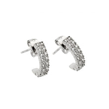 Load image into Gallery viewer, Sterling Silver Rhodium Plated Crescent Clear CZ Inlay Semi Huggie Earrings