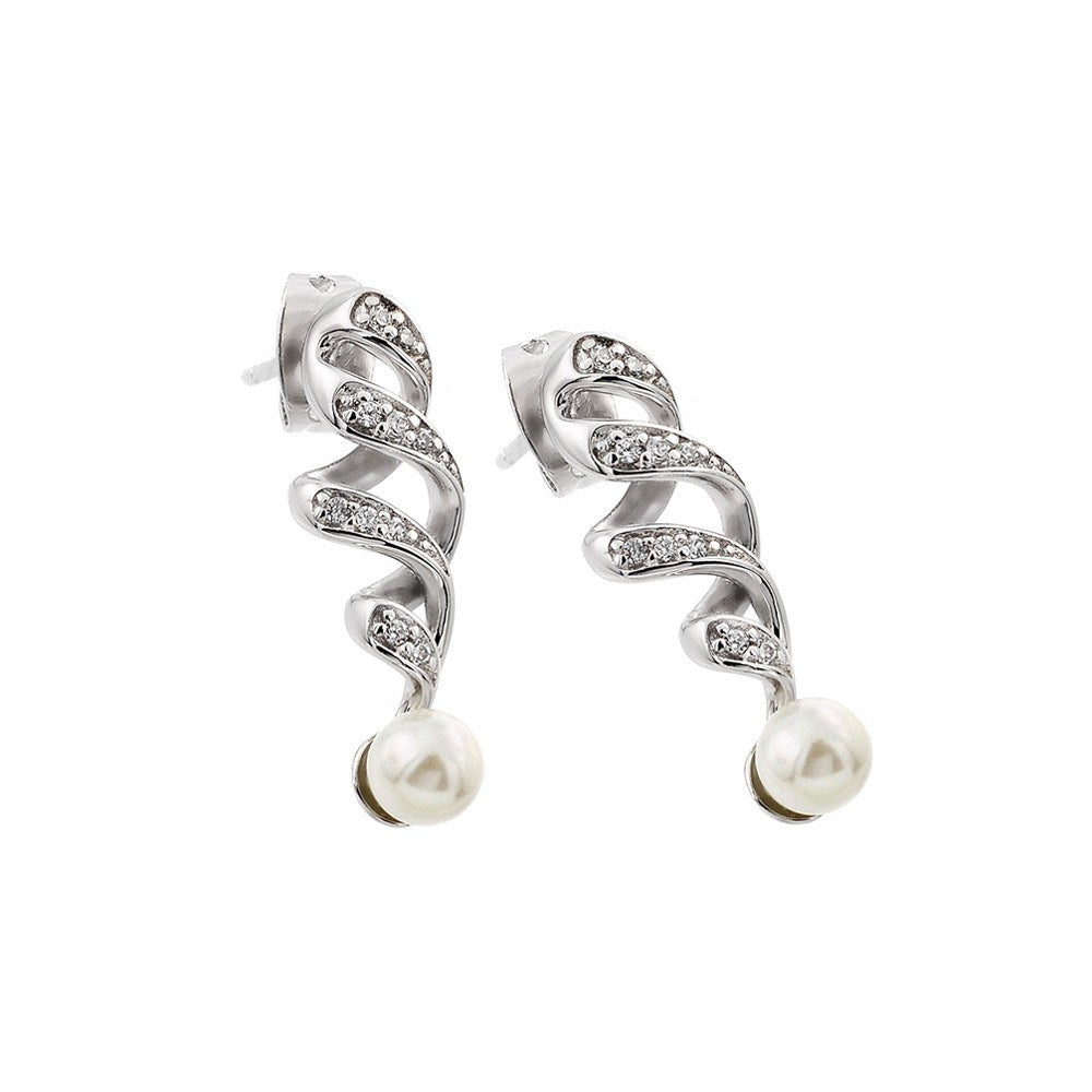 Sterling Silver Rhodium Plated Stylish Twist Pearl Dangle Earrings with Friction Back Post