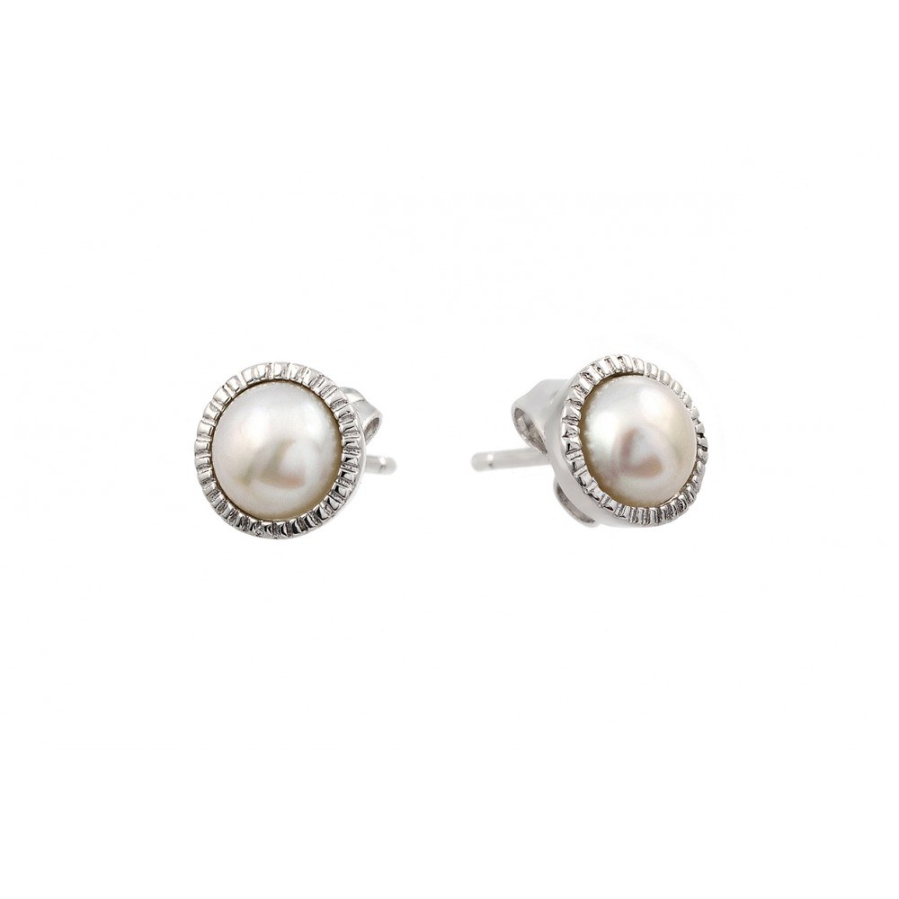 Sterling Silver Rhodium Plated Round Inlay Center Fresh Water Pearl Stud Earrings