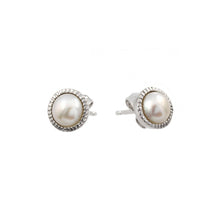 Load image into Gallery viewer, Sterling Silver Rhodium Plated Round Inlay Center Fresh Water Pearl Stud Earrings