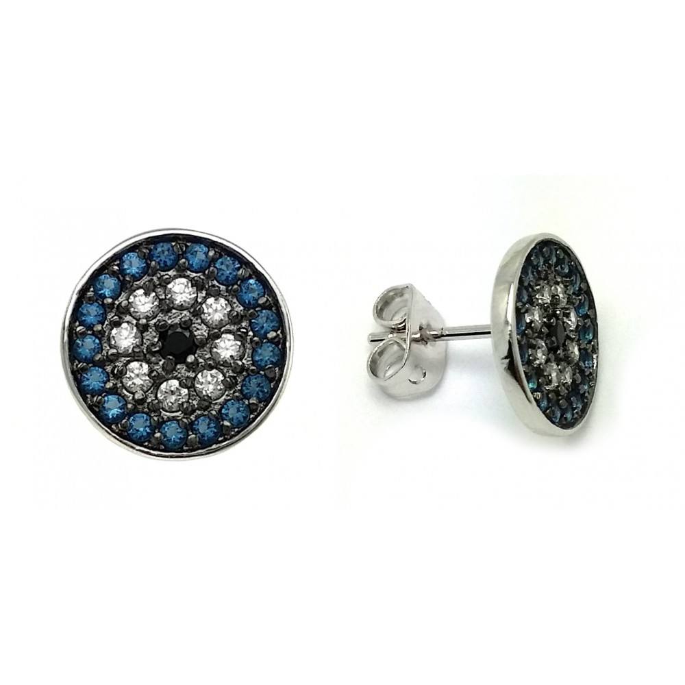 Sterling Silver Rhodium Plated Round Earrings with Blue and Black CZ InlayAnd Earring Diameter of 11.1MM and Friction Back Post