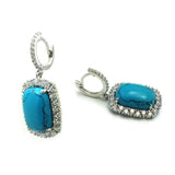 Sterling Silver Rhodium Plated Turquoise Square Outline Dangling Huggie Earrings With CZ Stones