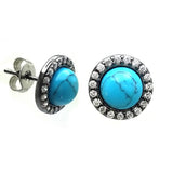 Sterling Silver Black Rhodium Plated Round Stud Earrings with CZ and Round Turquoise StoneAnd Earrings Diameter of 10.83MM and Friction Back Post