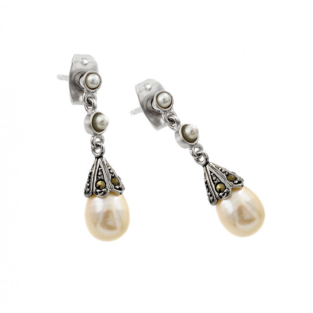 Sterling Silver Rhodium Plated Drop Pearl with Ornate Shell Stud EarringsAnd Earring Dimensions of 5.2MMx13.2MM and Friction Back Post