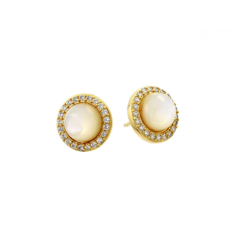 Sterling Silver Gold Plated Round CZ Outline with Center Pearl Stud EarringsAnd Earring Diameter of 11.9MM and Friction Back Post