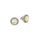 Sterling Silver Rhodium Plated Round CZ Outline Center Pearl Stud Earrings