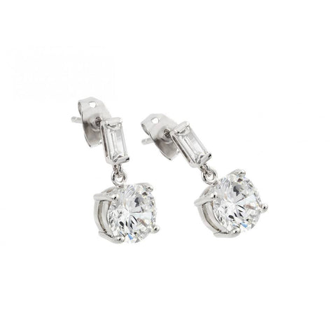 Sterling Silver Rhodium Plated Banguette CZ with Round Clear CZ Dangle Earrings