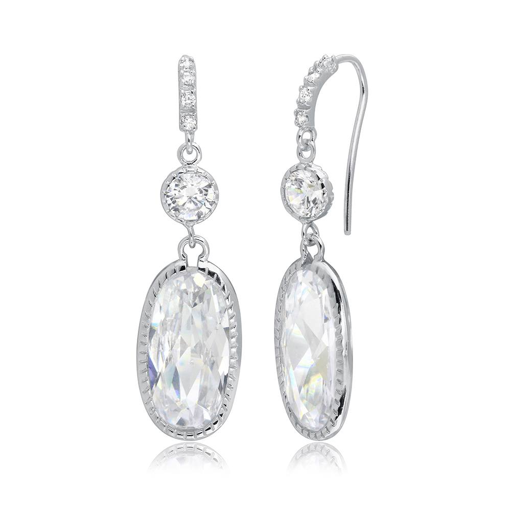 Sterling Silver Rhodium Plated Hanging Oval Shaped Earrings With CZ Stones