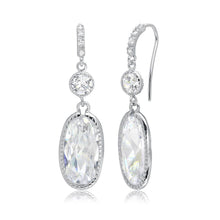 Load image into Gallery viewer, Sterling Silver Rhodium Plated Hanging Oval Shaped Earrings With CZ Stones