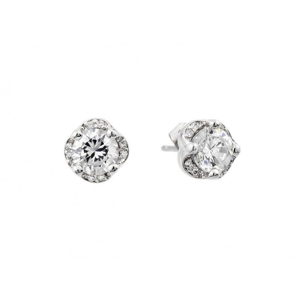 Sterling Silver Rhodium Plated Round Cut Clear CZ Stud Earrings Micro paved with Small Clear CZAnd Earring Dimensions of 8.4MMx15.6MM and Friction Back Post