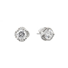 Load image into Gallery viewer, Sterling Silver Rhodium Plated Round Cut Clear CZ Stud Earrings Micro paved with Small Clear CZAnd Earring Dimensions of 8.4MMx15.6MM and Friction Back Post