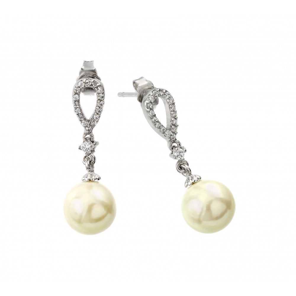 Sterling Silver Rhodium Plated Round Pearl Dangling EarringsAnd Friction Back Post