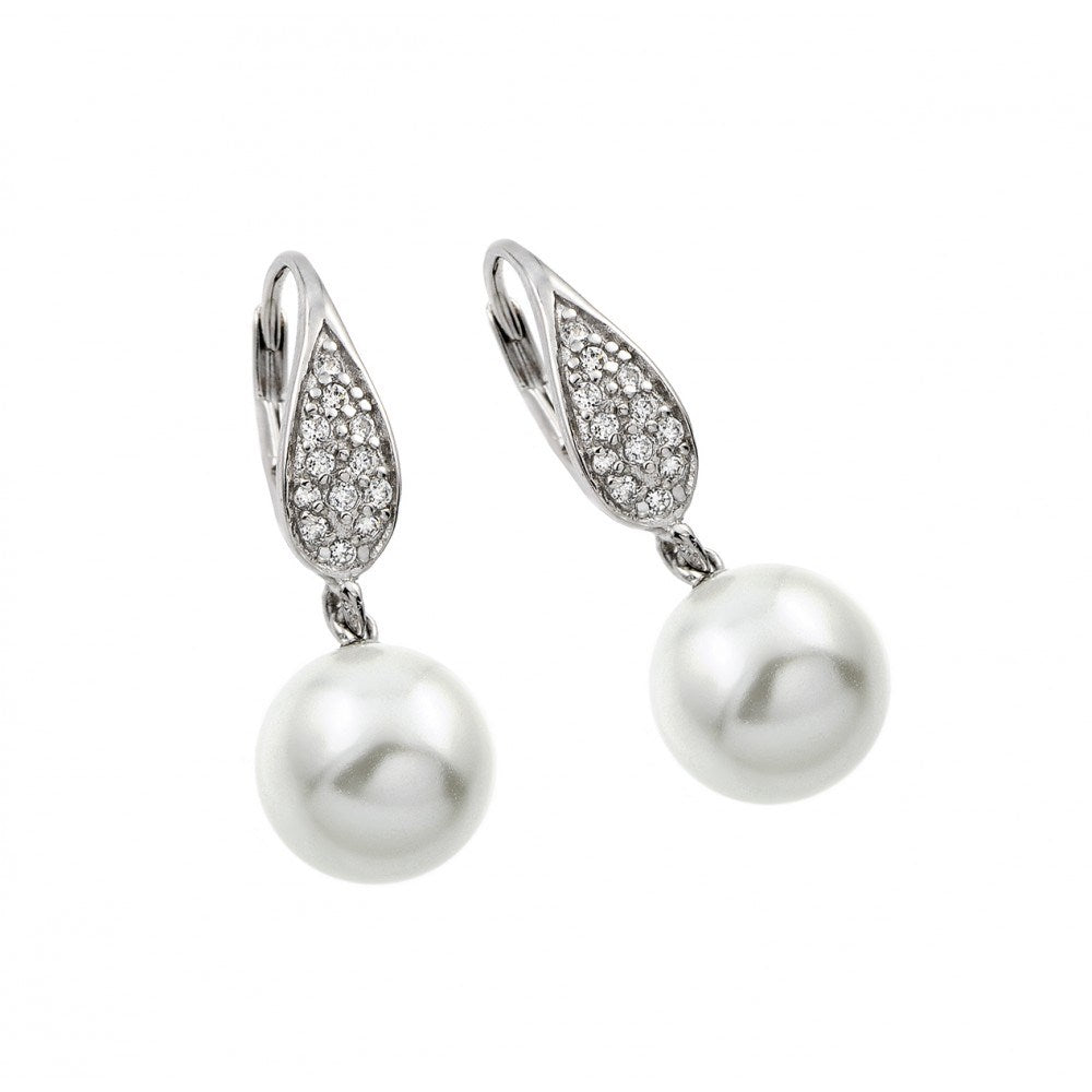 Sterling Silver Rhodium Plated Fancy Drop Earrings with Round White PearlAnd Earring Dimensions of 29.8MMx10.05MM and Lever Back Clasp