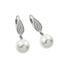 Load image into Gallery viewer, Sterling Silver Rhodium Plated Fancy Drop Earrings with Round White PearlAnd Earring Dimensions of 29.8MMx10.05MM and Lever Back Clasp