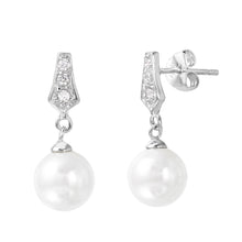 Load image into Gallery viewer, Sterling Silver Rhodium Plated Stylish Drop Shape Paved with CZ Earrings with Round White PearlAnd Earring Dimensions of 20MMx8MM and Friction Back Post
