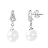 Sterling Silver Rhodium Plated Stylish Drop Shape Paved with CZ Earrings with Round White PearlAnd Earring Dimensions of 20MMx8MM and Friction Back Post