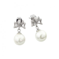 Sterling Silver Rhodium Plated Stylish Ribbon with CZ Earrings with Round White PearlAnd Earring Dimensions of 16.7MMx8.15MM and Friction Back Post