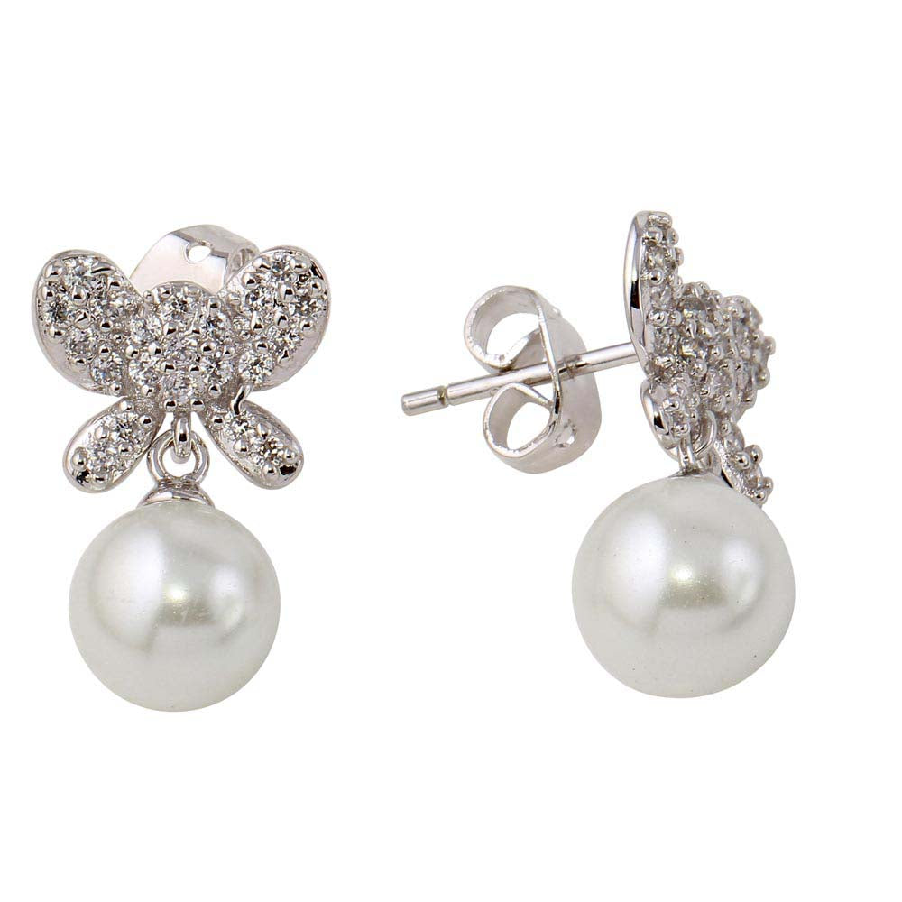 Sterling Silver Rhodium Plated Butterfly Earrings With Dangling Synthetic Pearl With CZ Stones