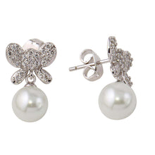 Load image into Gallery viewer, Sterling Silver Rhodium Plated Butterfly Earrings With Dangling Synthetic Pearl With CZ Stones