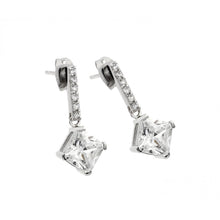 Load image into Gallery viewer, Sterling Silver Rhodium Plated Elegant Square CZ Dangle EarringsAnd with Earrng Dimensions of 21.4MMx9.9MM and Friction Back Post