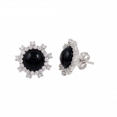 Sterling Silver Rhodium Plated Black Flower With CZ Stud Earrings
