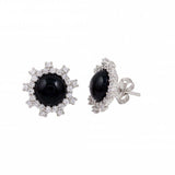Sterling Silver Rhodium Plated Black Flower With CZ Stud Earrings