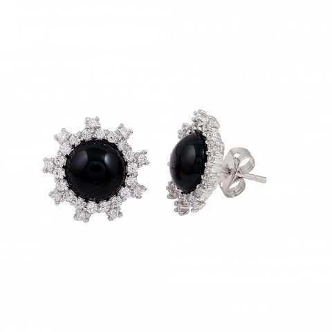 Sterling Silver Rhodium Plated Black Flower With CZ Stud Earrings