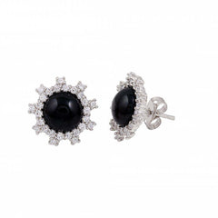 Sterling Silver Rhodium Plated Black Flower With CZ Stud Earrings