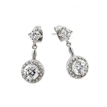 Load image into Gallery viewer, Sterling Silver Rhodium Plated Stylish Round Cluster Clear CZ Earrings with Circle Dangling Paved with Clear CZ StonesAnd Friction Back Post