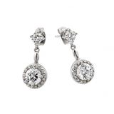 Sterling Silver Rhodium Plated Stylish Round Cluster Clear CZ Earrings with Circle Dangling Paved with Clear CZ StonesAnd Friction Back Post