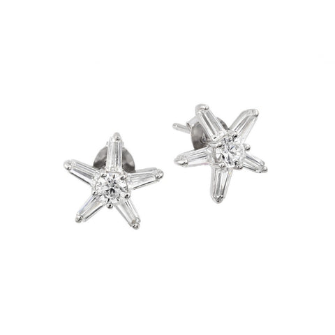 Sterling Silver Rhodium Plated Stylish Star Earrings Formed By Round and Baguette Clear CZAnd Friction Back Post