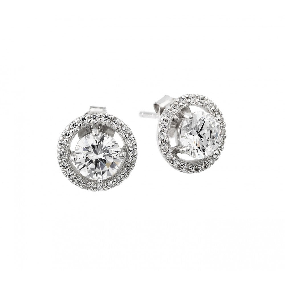 Sterling Silver Rhodium Plated Round Cluster with Round Clear CZ Center EarringsAnd Friction Back Post