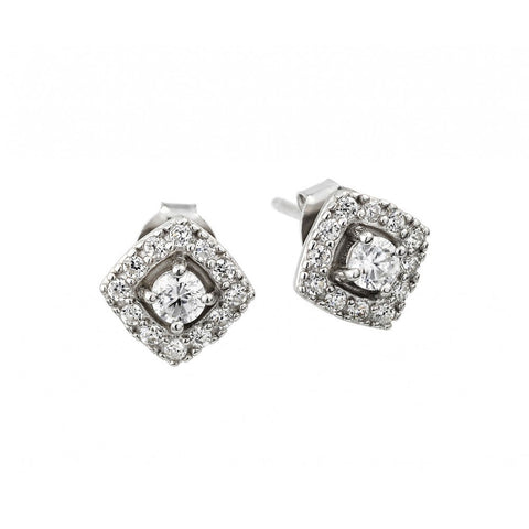 Sterling Silver Rhodium Plated Square Cluster with Round Clear CZ Center EarringsAnd Friction Back Post