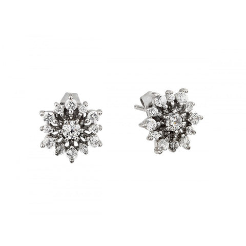 Sterling Silver Rhodium Plated Fashionable Star Earrings with Round Clear CZ Center and Clear CZ OutlineAnd Friction Back Post