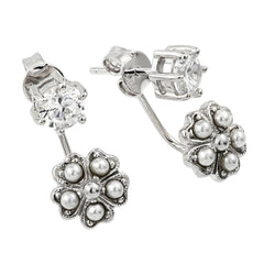 Sterling Silver Fancy Round Cz and Dangling Flower Design Inlaid with Clear Cz Stones and White Pearls Stud EarringAnd Friction Back Post