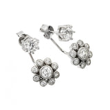 Sterling Silver Rhodium Plated Hanging Cluster Flower with Clear CZ Earrings and Friction Back Post