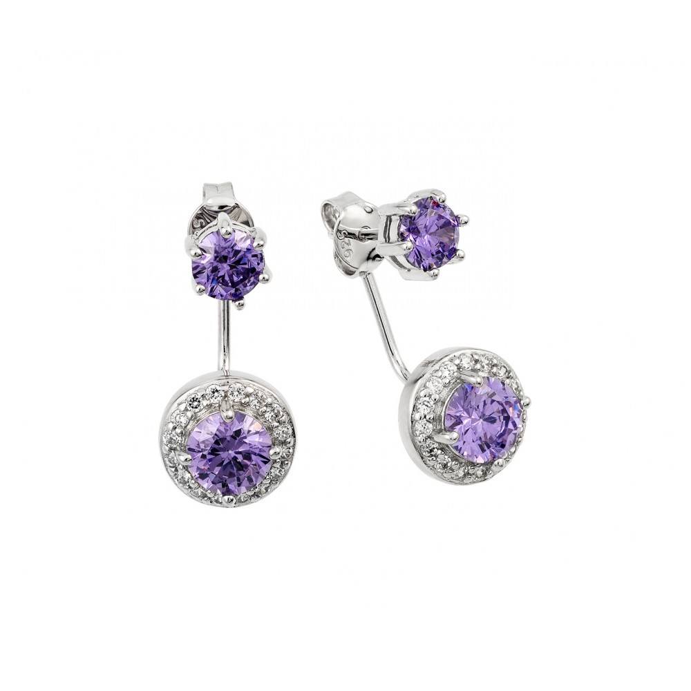 Sterling Silver Rhodium Plated Hanging Round Cluster with Clear and Purple CZ Earrings and Friction Back Post