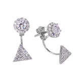 Sterling Silver Stylish Cz Cluster Round and Dangling Trillion Stud Earring with Friction Back Post