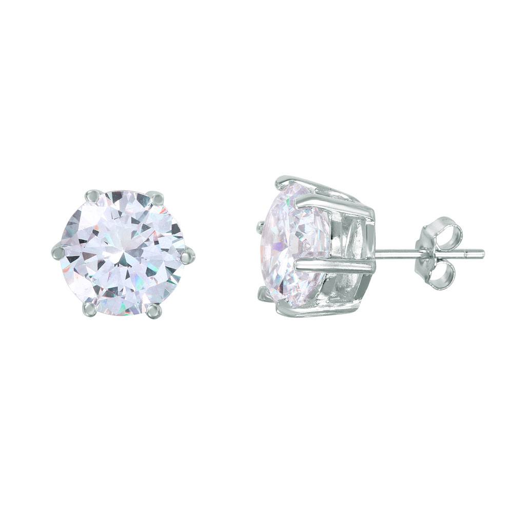 Sterling Silver Nickel Free Rhodium Plated Round Solitaire Shape Stud Earrings With CZ Stones