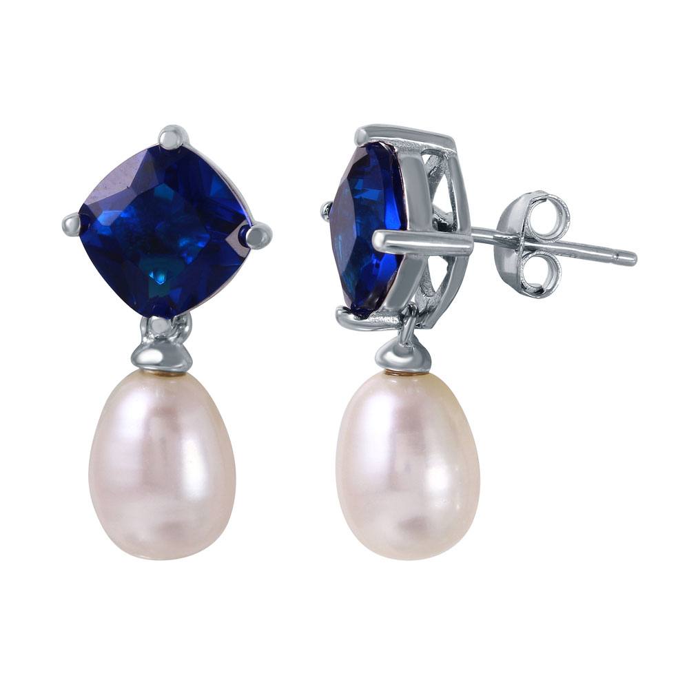 Sterling Silver Rhodium Plated Fancy Cushion Cut Blue Cz and Synthetic White Pearl Dangle Stud Earring with Friction Back Post