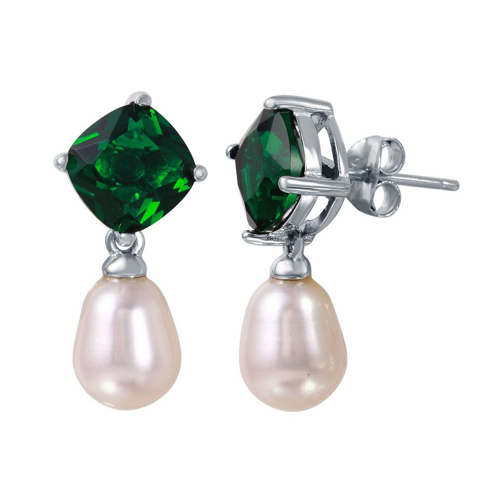 Sterling Silver Rhodium Plated Fancy Cushion Cut Green Cz and Synthetic White Pearl Dangle Stud Earring with Friction Back Post