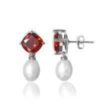 Load image into Gallery viewer, Sterling Silver Nickel Free Rhodium Plated Round Red CZ Dangling Fresh Water Pearl Earring