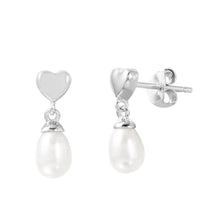 Load image into Gallery viewer, Sterling Silver Rhodium Plated Heart Earrings with Dangling Oval Shaped White PearlAnd Earring Dimensions of 15MMx5MM and Friction Back Post