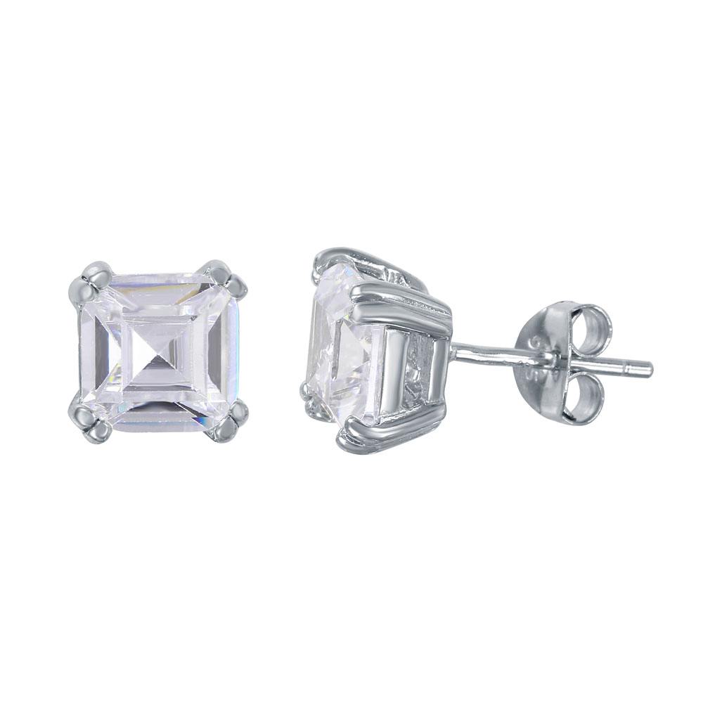 Sterling Silver Nickel Free Rhodium Plated Square Solitaire Shaped Stud Earrings With CZ Stone
