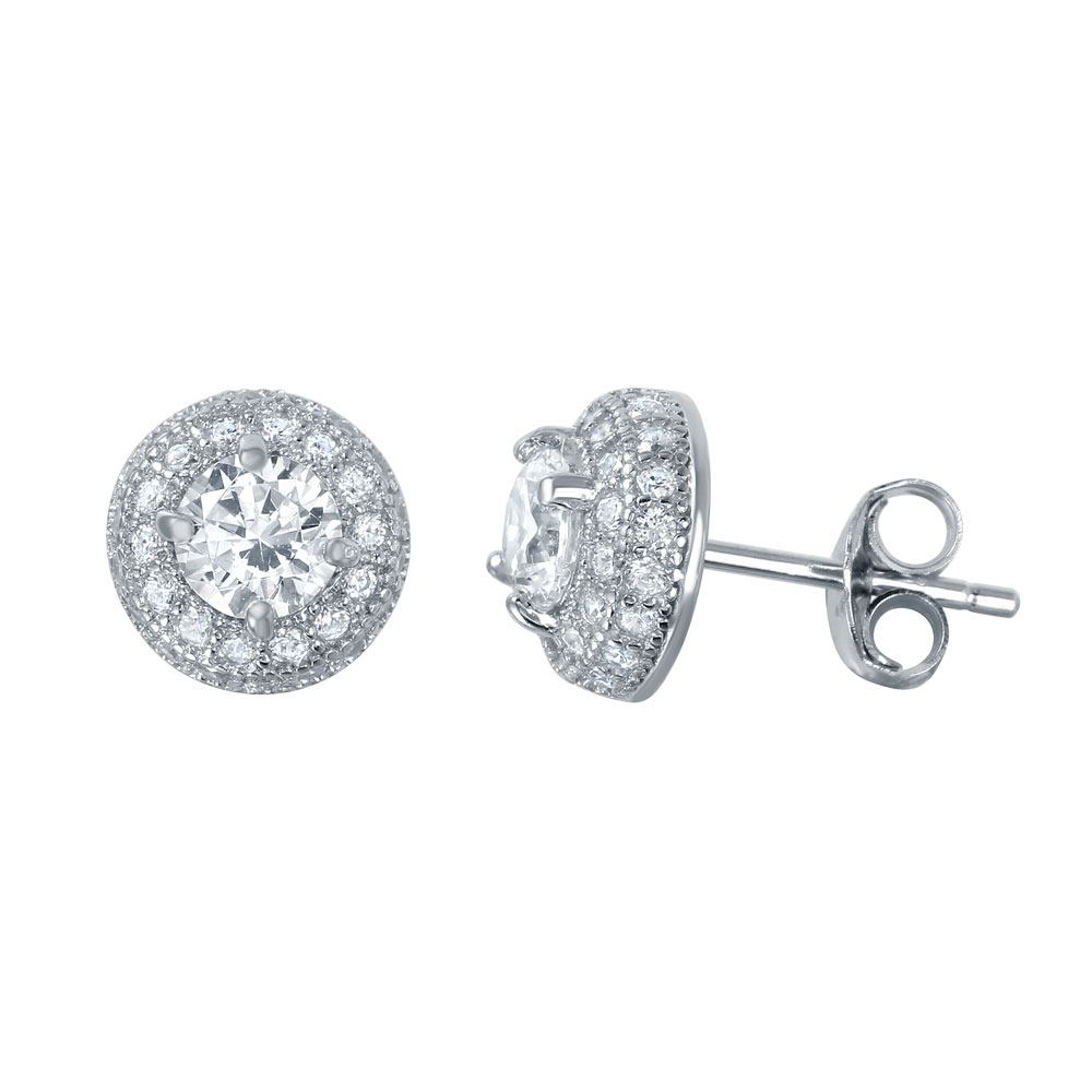Sterling Silver Nickel Free Rhodium Plated Dome Round Shaped  Stud Earrings With CZ Stones