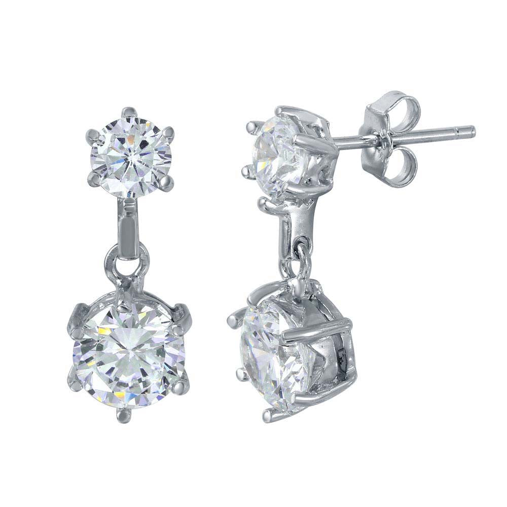 Sterling Silver Rhodium Plated Double Pronged Round Cut Clear Cz Stud Earring with Friction Back Post