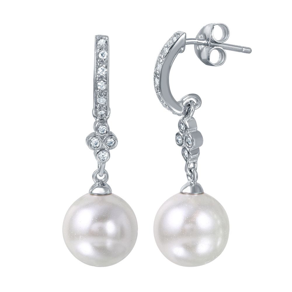 Sterling Silver Rhodium Plated Fancy Synthetic White Pearl Pave Half Hoop Stud Earring with Friction Back Post