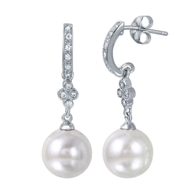 Sterling Silver Rhodium Plated Fancy Synthetic White Pearl Pave Half Hoop Stud Earring with Friction Back Post